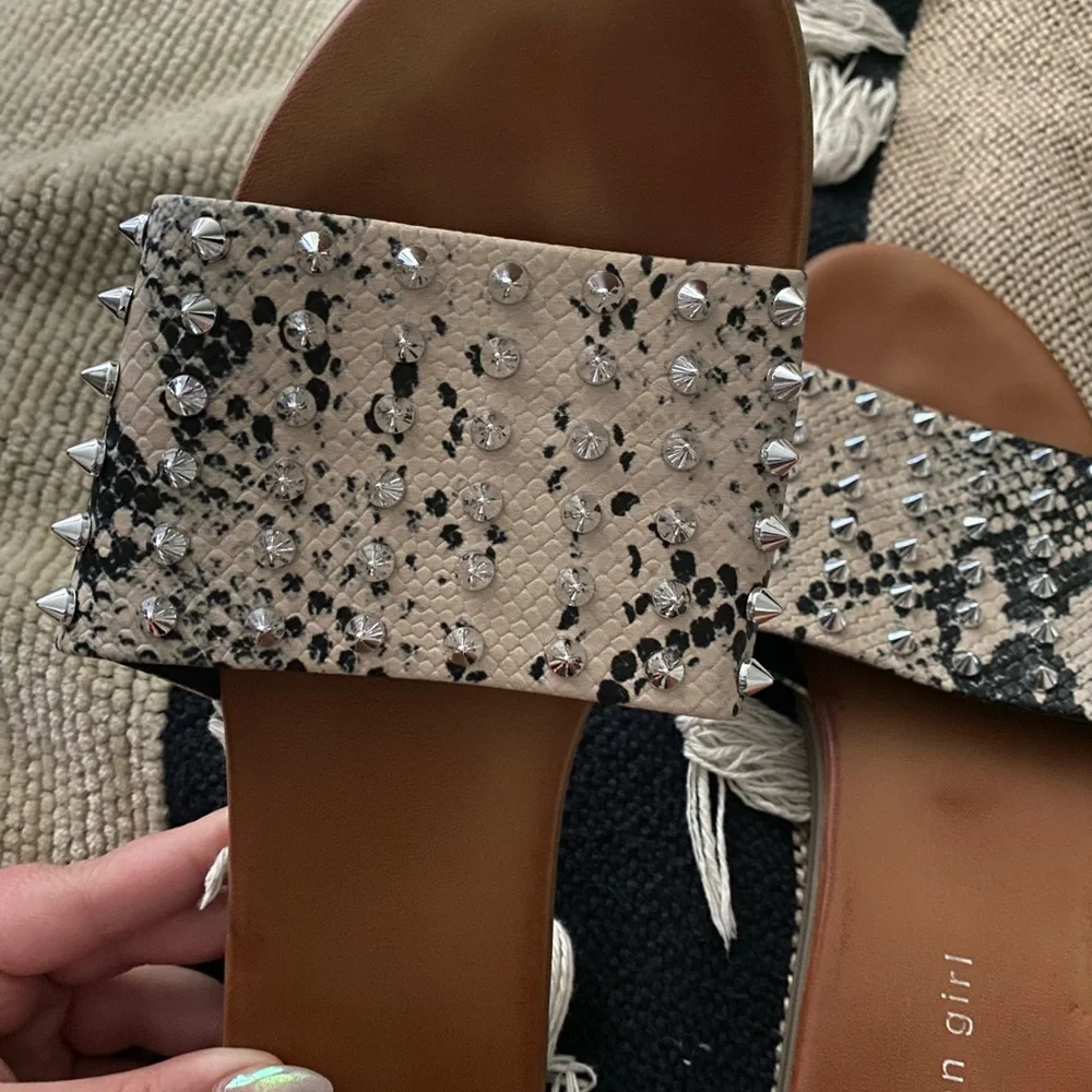 Madden Girl Beige Snake-Print Slide Sandals with Studs